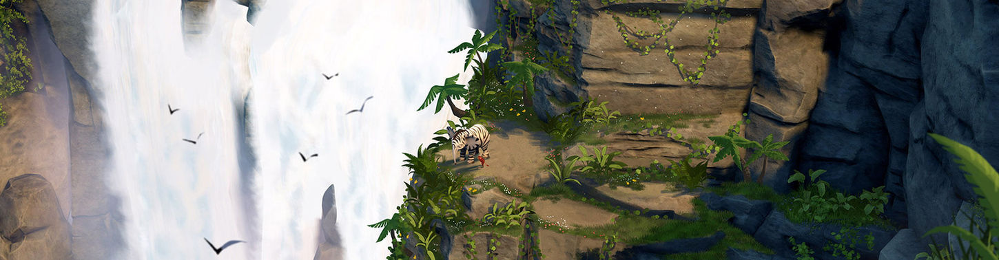 Concept art d’une cascade dans la jungle par Fanny Berthiaume pour la série animée Zafari.