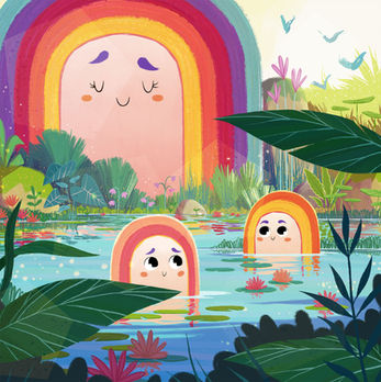 A family of rainbows bathing in a pond. Artwork by Fanny Berthiaume for the Fiera Capital Art Show in Montreal.