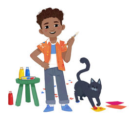 Boy painting with cat vignette artwork by Fanny Berthiaume for Chickadee magazine, March 2025 issue.