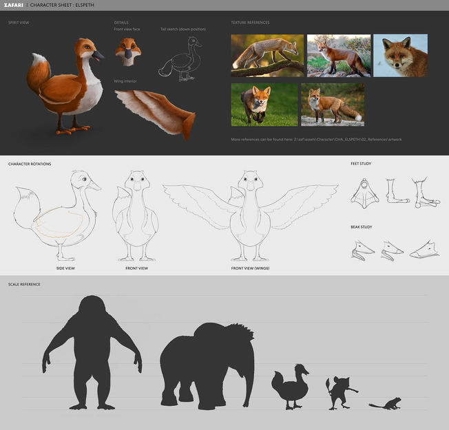 Character sheet for a duck with a fox's colors, by concept artist Fanny Berthiaume, for the animated tv show Zafari.