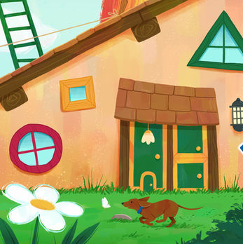 A whimsical door and oddly shaped windows, closeup of My Dream House illustration by Fanny Berthiaume.