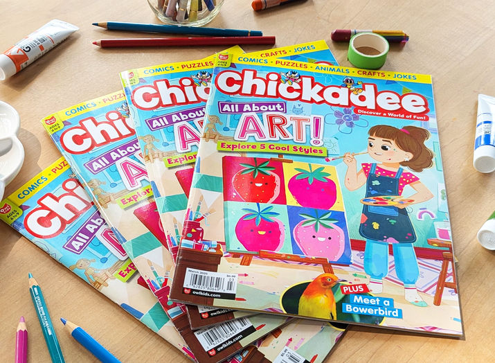 Copies from Chickadee magazine, March 2025 issue, cover illustrated by Fanny Berthiaume.