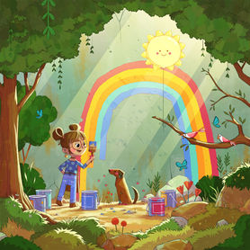 A child and her dog painting a rainbow in the forest. Artwork by Fanny Berthiaume for the Fiera Capital Art Show in Montreal.