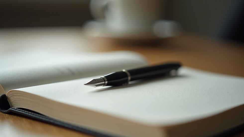 Close-up view of a journal and pen on a wooden desk