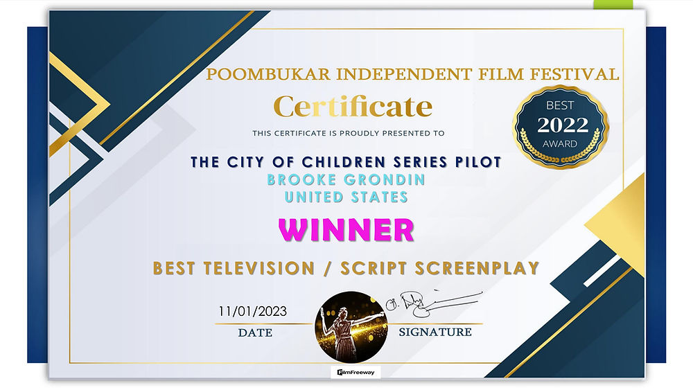 Certificate for Best Television Script Screenplay 2022, Brooke Grondin