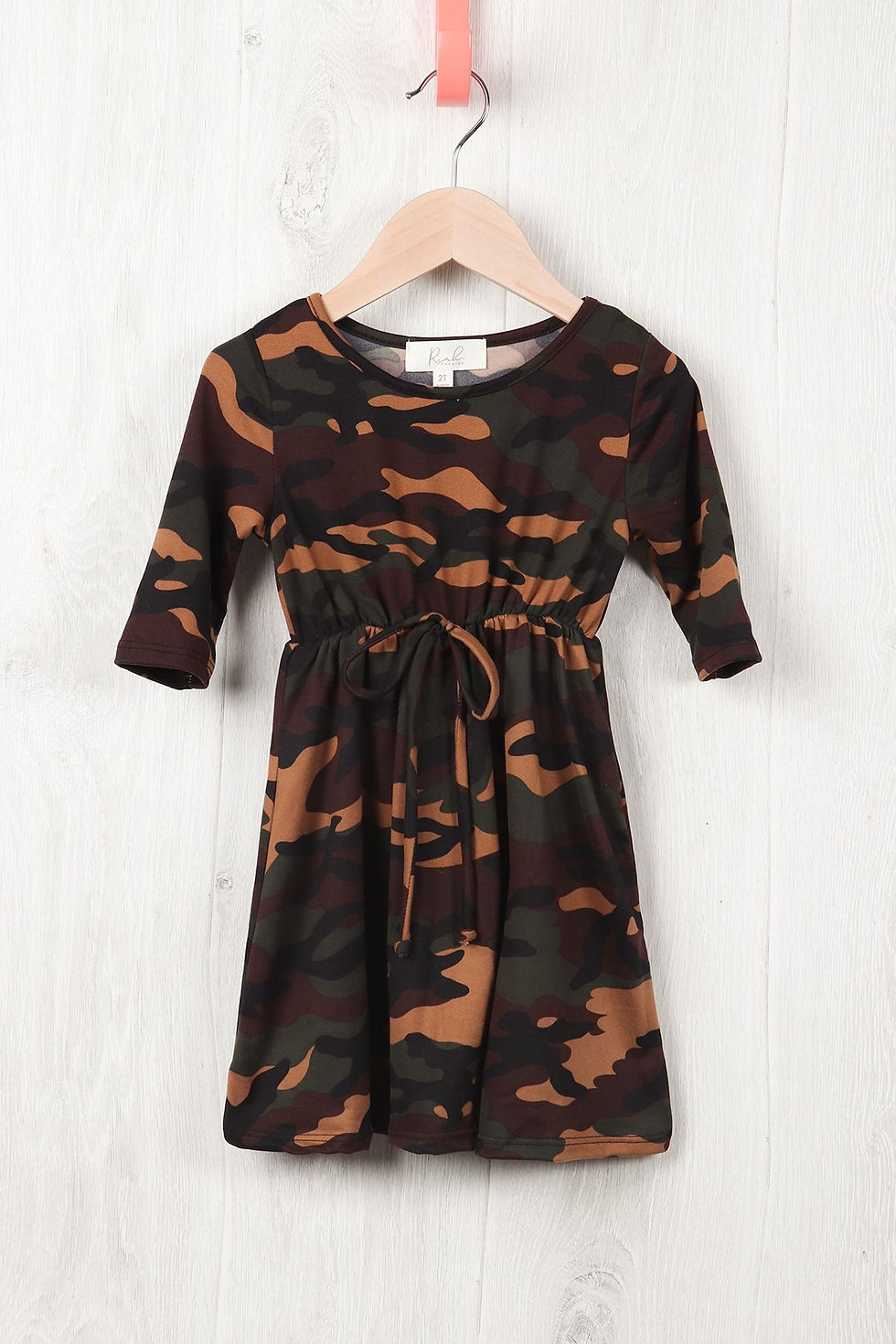 Thumbnail: Toddler Girls Quarter Sleeved Cinch Waist Self Tie Front Camo Dress