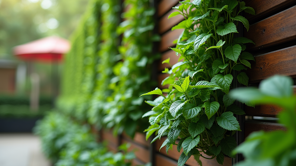 Eye-level view of a vertical garden with lush green plants on a wooden wall