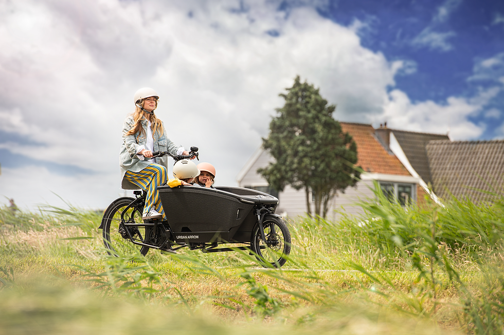 Thumbnail: Mama met twee kinderen in een Urban Arrow Family Next-bakfiets.