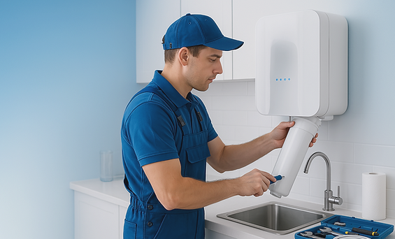 Technician replacing water purifier filter