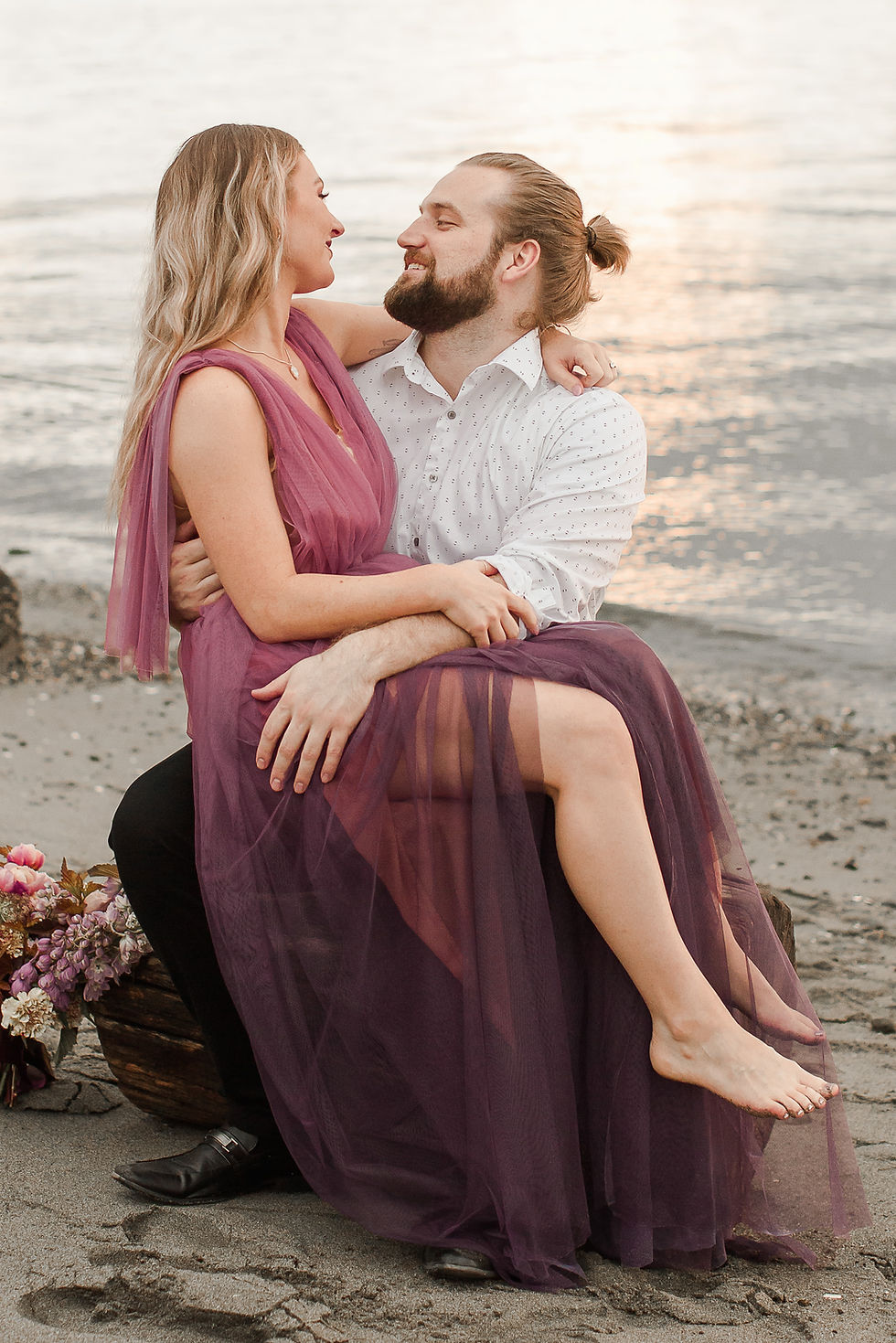 Seattle Beach Elopement at Discovery Park Sitting on a Rock