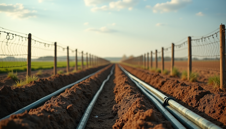 Eye-level view of a newly fenced farm field with irrigation setup and soil testing equipment