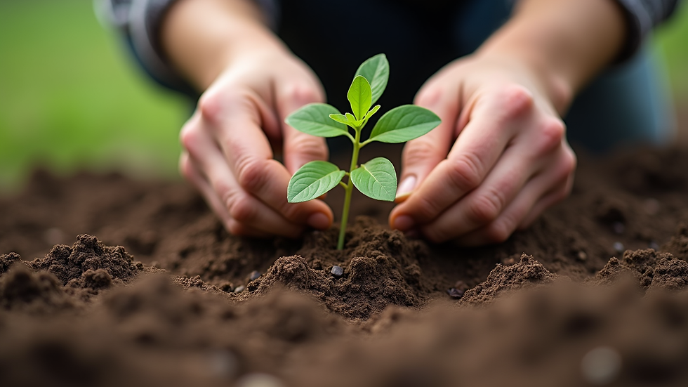Close-up view of hands planting seeds in rich soil