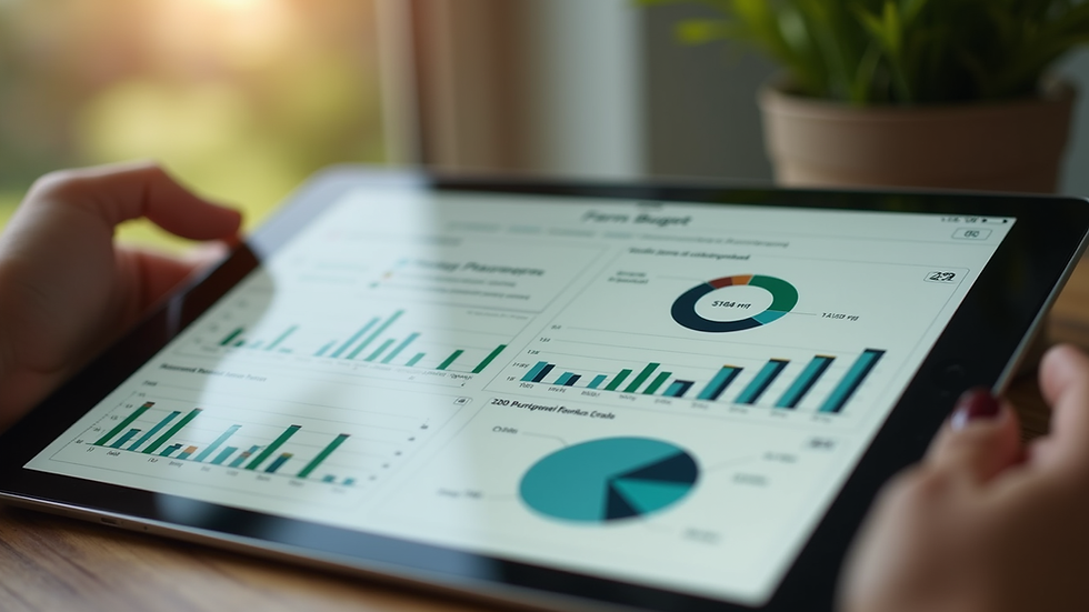 Close-up view of a tablet showing a farm budget dashboard