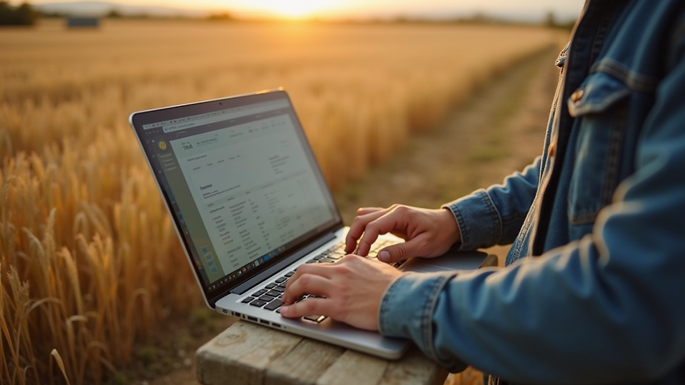High angle view of a farmer using a laptop to plan farm operations