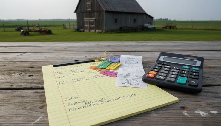 Overhead view of a handwritten farm budget beside seed tags, fuel receipts, and a calculator on a wooden table outdoors.