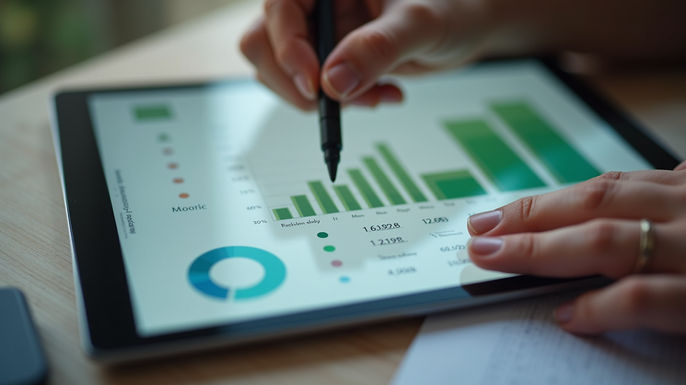 Close-up view of a tablet screen showing farm financial charts and graphs