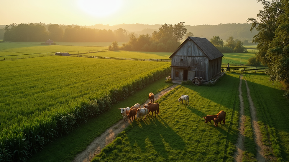 High angle view of a small farm with crops and livestock coexisting