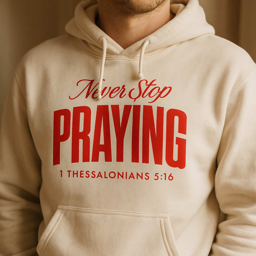 Never Stop Praying Hoodies. Back or front design in white and tan color.