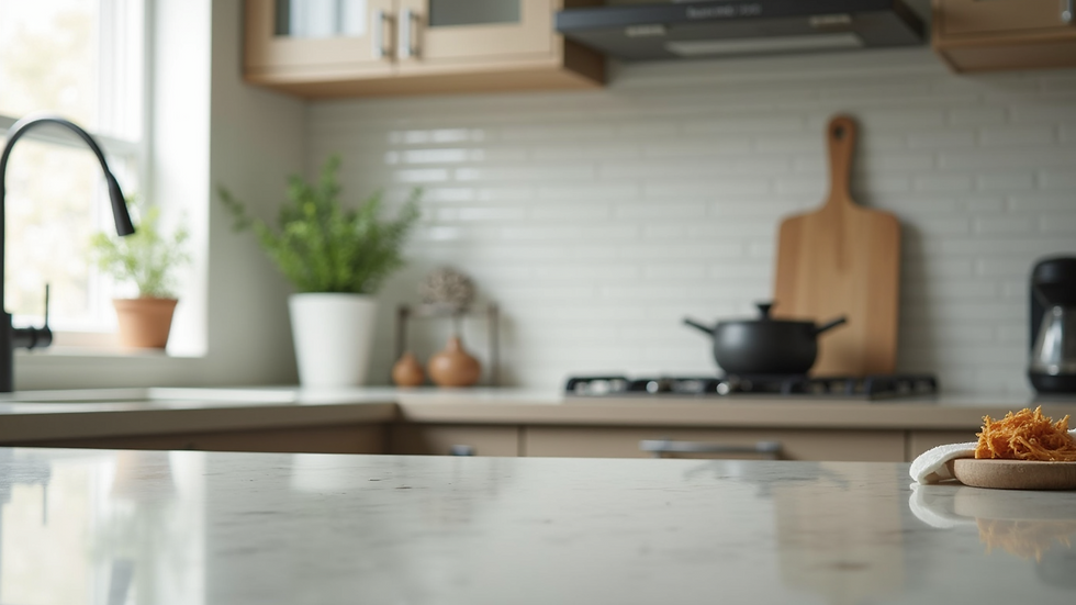 Close-up view of a kitchen countertop with modern appliances and decor