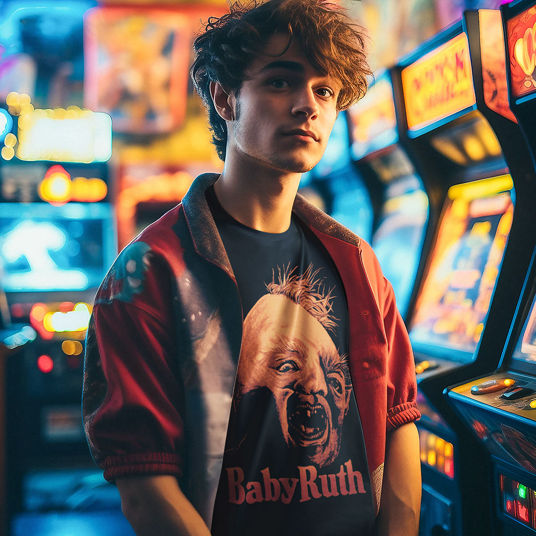 Pessoa usando camiseta preta com estampa de Sloth e a frase “Baby Ruth”, referência ao filme The Goonies.