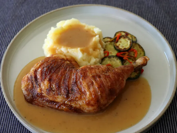 This tiger chicken technique is the best way to roast chicken leg quarters, a very popular cut of chicken. The skin is crispy and the meat comes out tender, succulent, and beautifully seasoned. Along with the fastest, best, tastiest pan sauce ever, you are in for an exceptional bite of chicken.