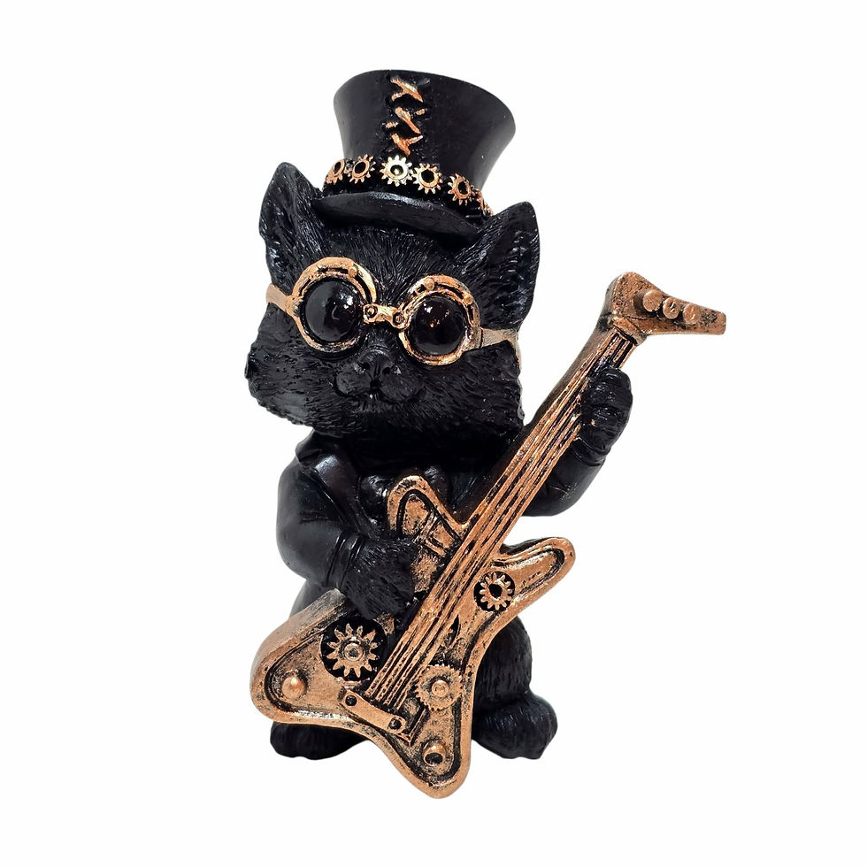 Guitar Music Meowstro vista frontale Gattino Steampunk con Chitarra Nemesis Now 10cm