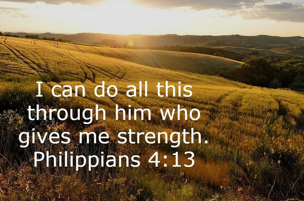 Golden wheat field at sunset with text overlay: "I can do all this through him who gives me strength. Philippians 4:13." Calm and inspiring.