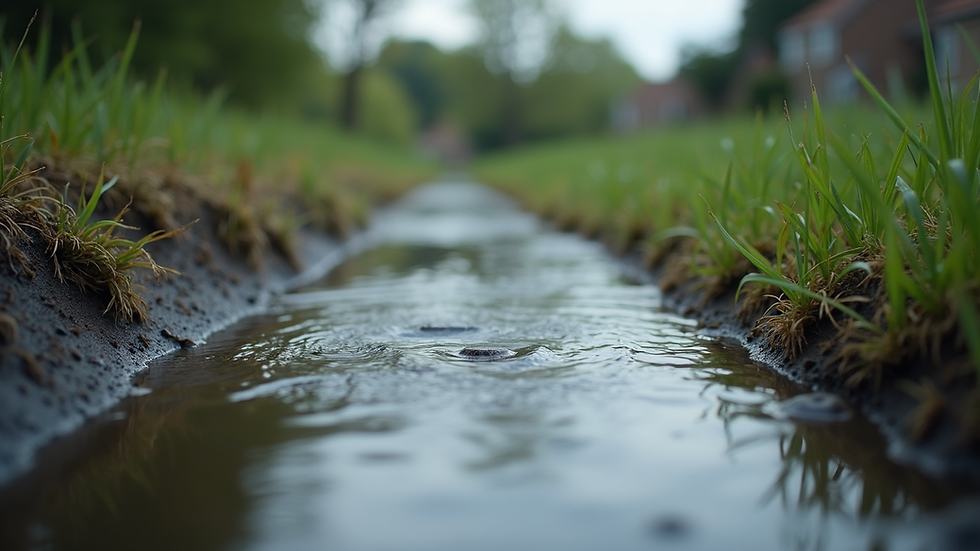 Close-up view of standing water near a septic drain field