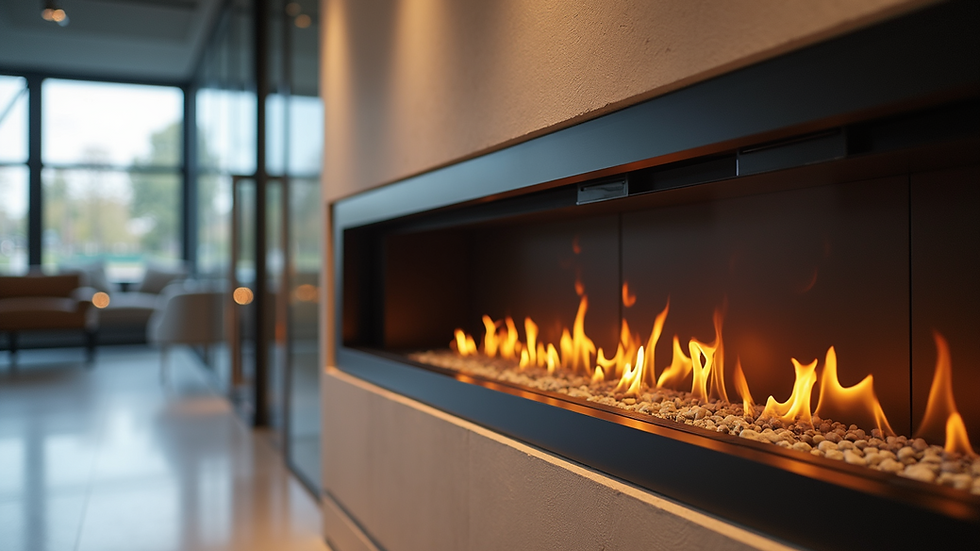 Eye-level view of a modern gas fireplace display in a showroom