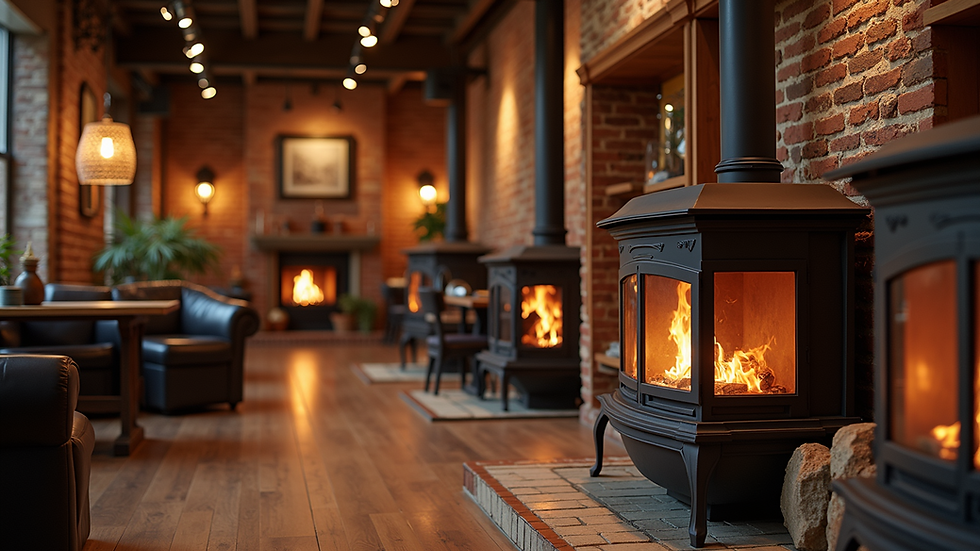 Eye-level view of a cozy fireplace showroom with various fireplace models on display