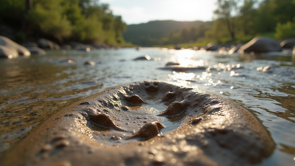 Eye-level view of dinosaur footprints in a riverbed at Dinosaur Valley State Park