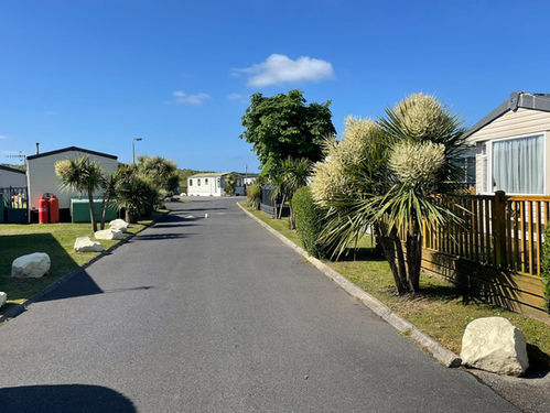 Grey Tarmac road with grass and white caravans either side. There are also some small palm trees on both sides. There's a blue sky in the background.