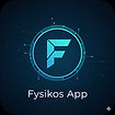 A letra efe estilizada e frase na base "Fysikos App", simbolizando o aplicativo da plataforma em inteligência na saúde.