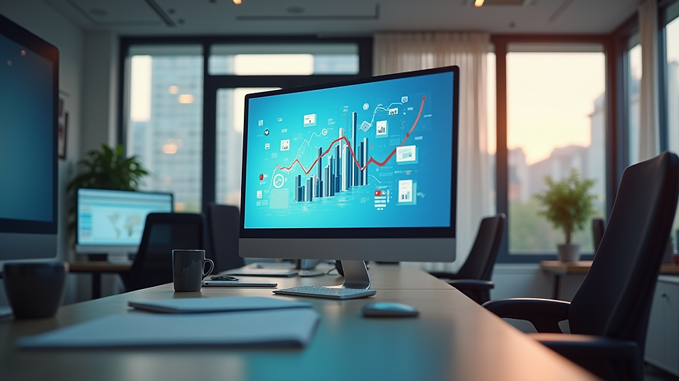 Eye-level view of a modern office workspace with digital marketing strategy on screen