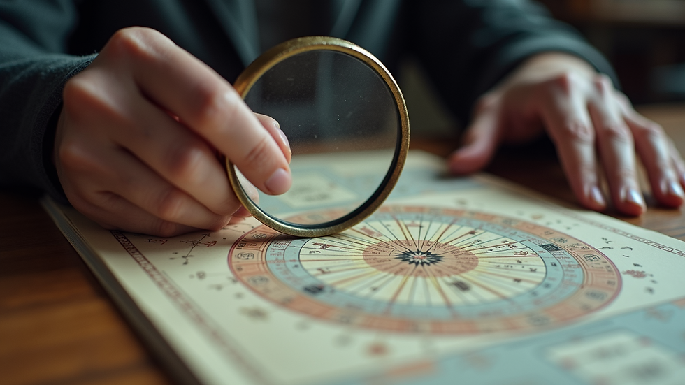 Eye-level view of a person studying an astrology chart with a magnifying glass