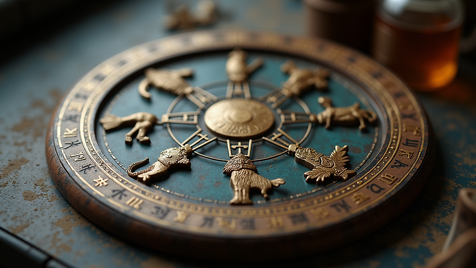 High angle view of zodiac wheel with highlighted six key signs