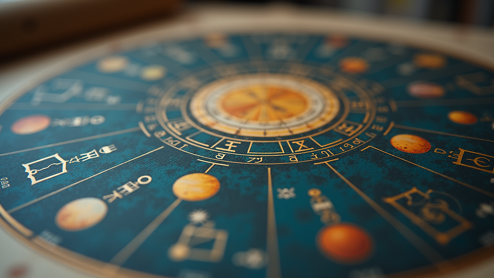 Close-up view of a detailed astrology chart with planetary symbols