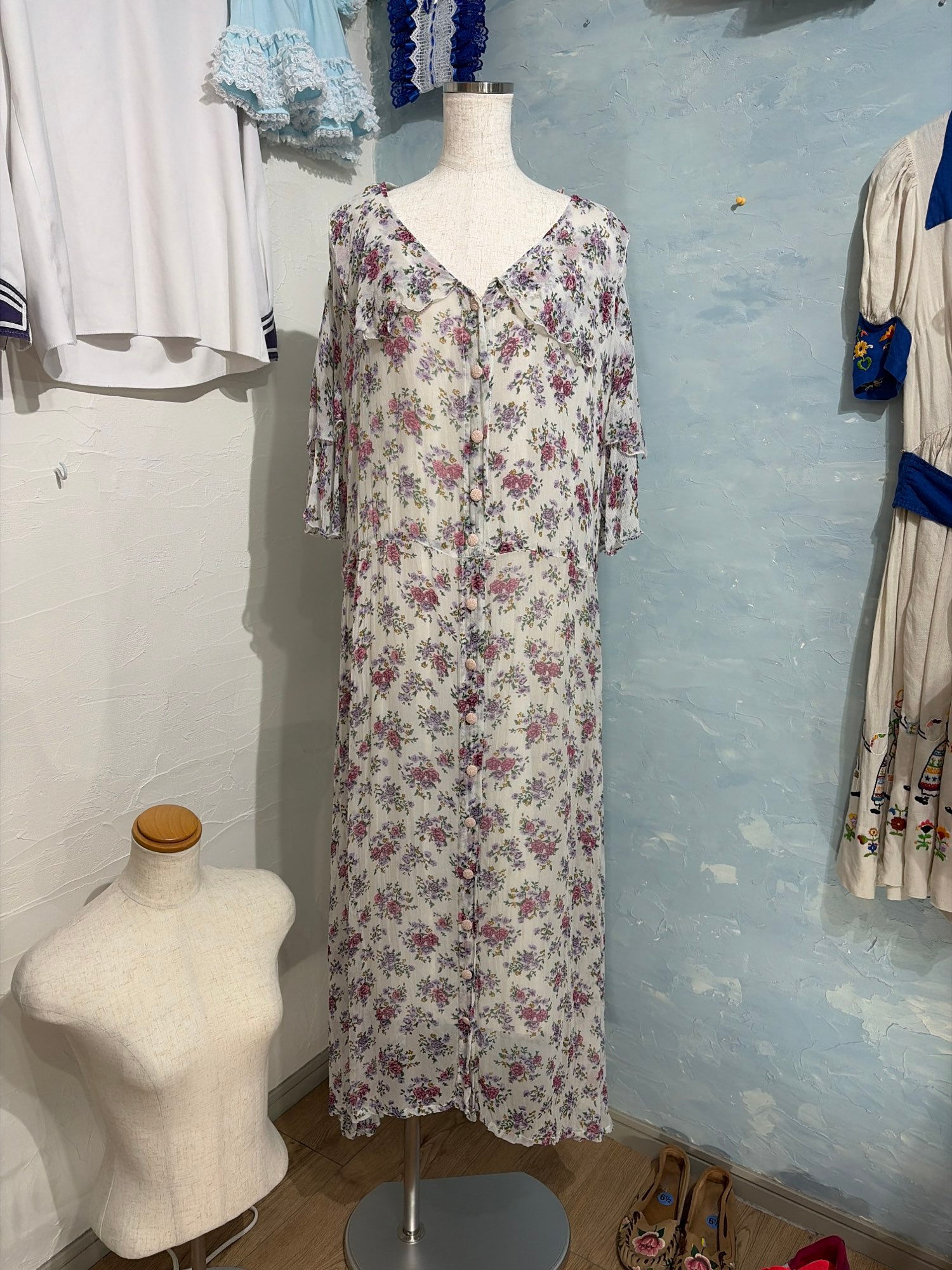 8-90s Sheer Rose Print Long Dress