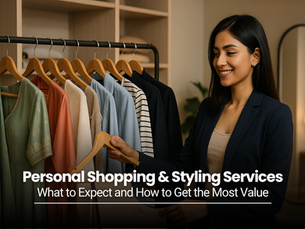 Indian woman personal stylist selecting outfits from a clothing rack during a virtual styling session – Personal Shopping & Styling Service