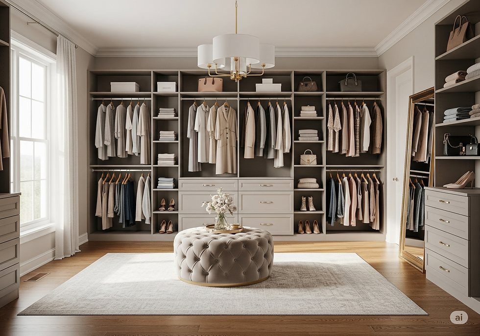 Spacious and luxurious walk-in closet with organized clothing, a tufted ottoman, and large window.