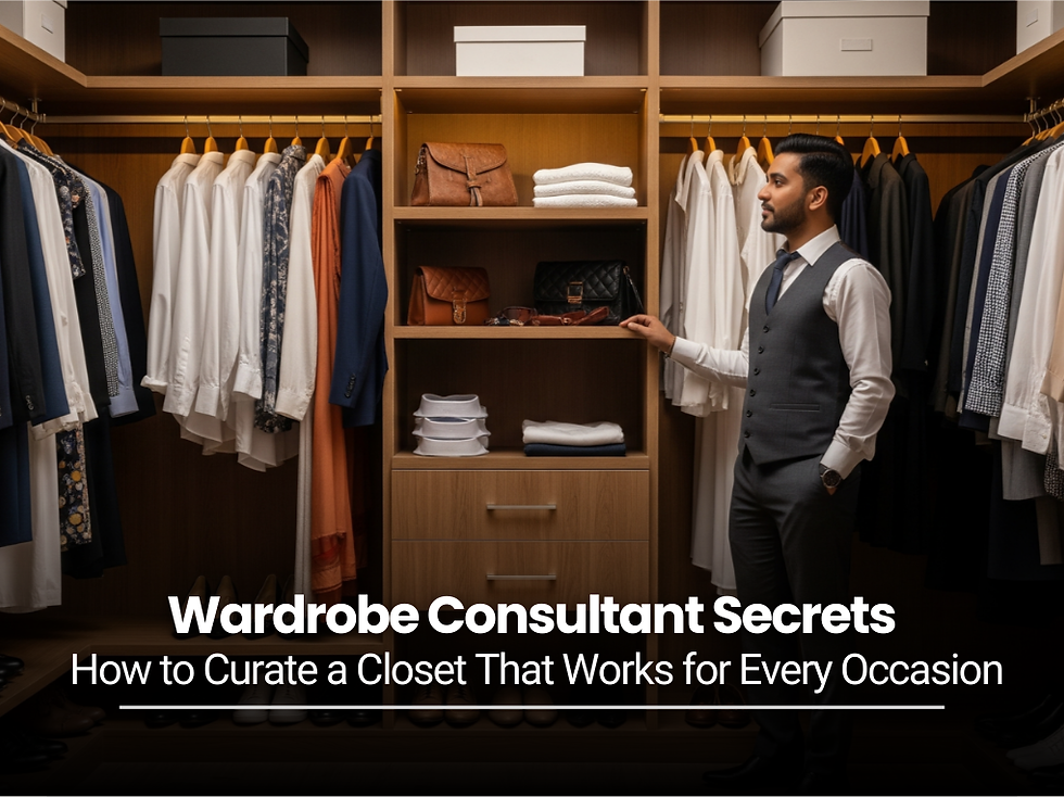 Wardrobe consultant in a vest standing in a luxury closet with the text Wardrobe Consultant Secrets.