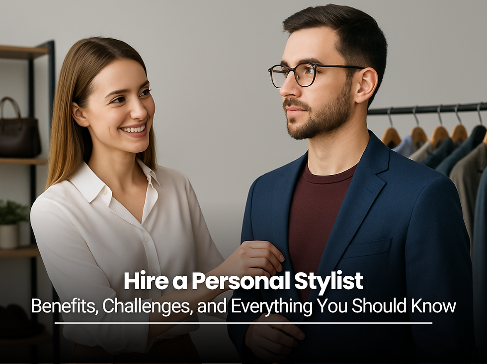 A female personal stylist adjusting a male client’s blazer in a modern wardrobe studio, both smiling, with clothes hanging in the background. Overlay text reads “Hire a Personal Stylist – Benefits, Challenges, and Everything You Should Know”.