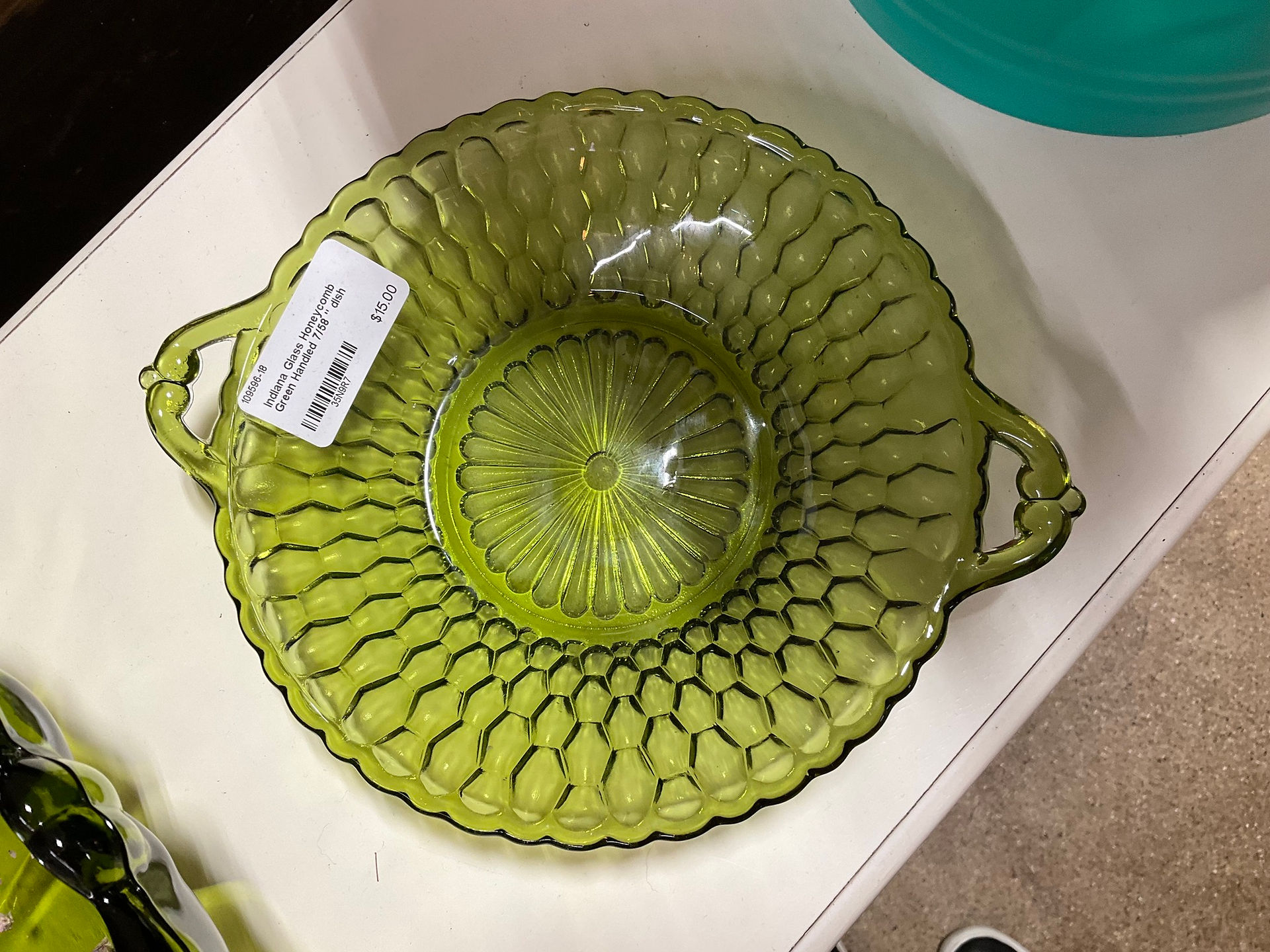 Antique green glass tray with handles