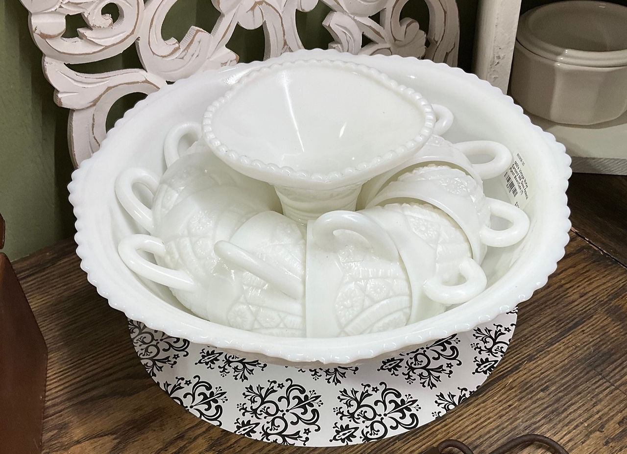 White glass punch bowl and cups