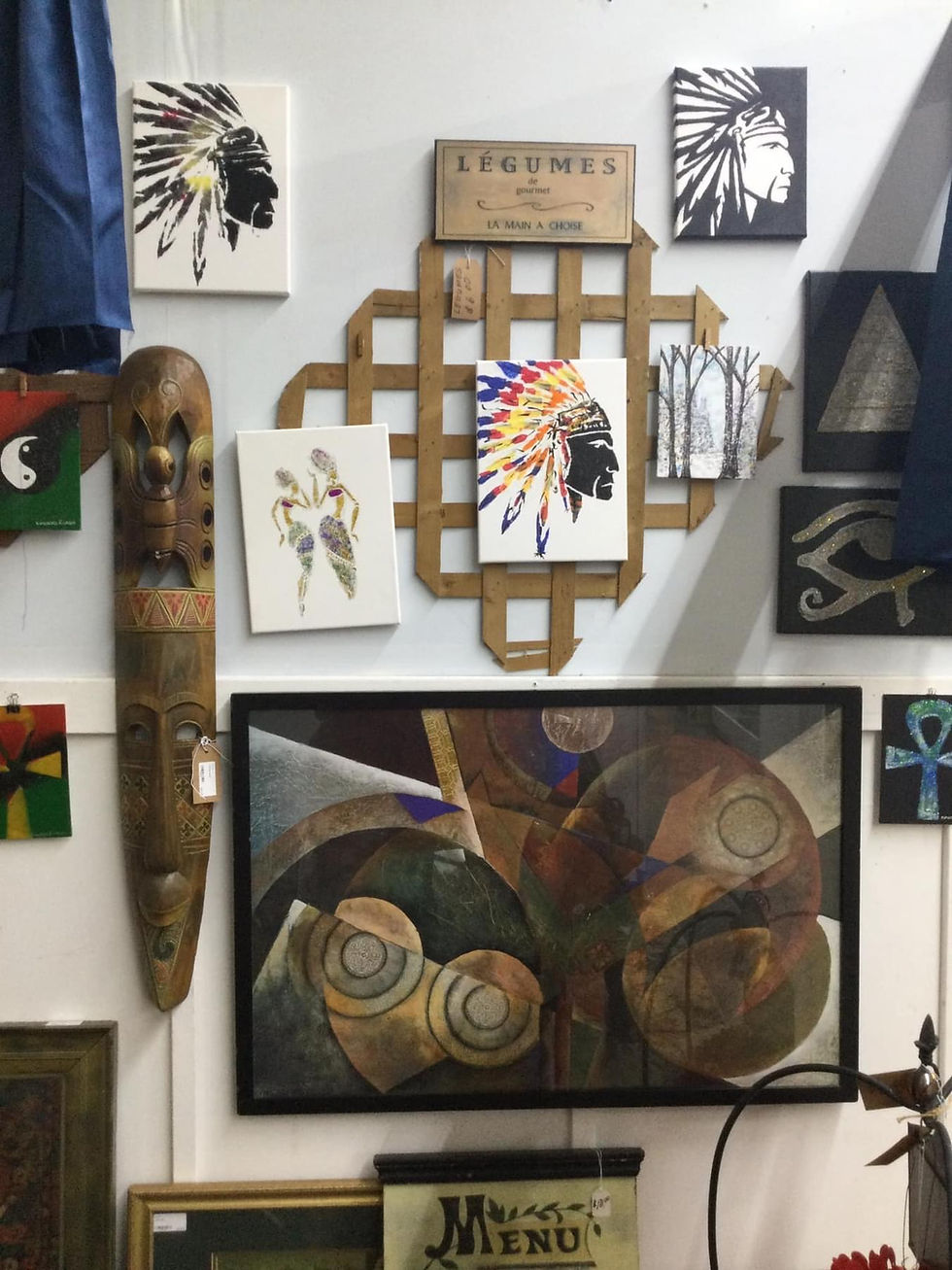 Handmade items and paintings at antique mall