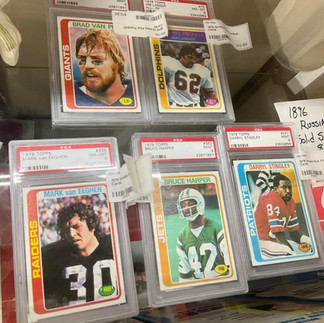 Collectible football cards in antique mall display