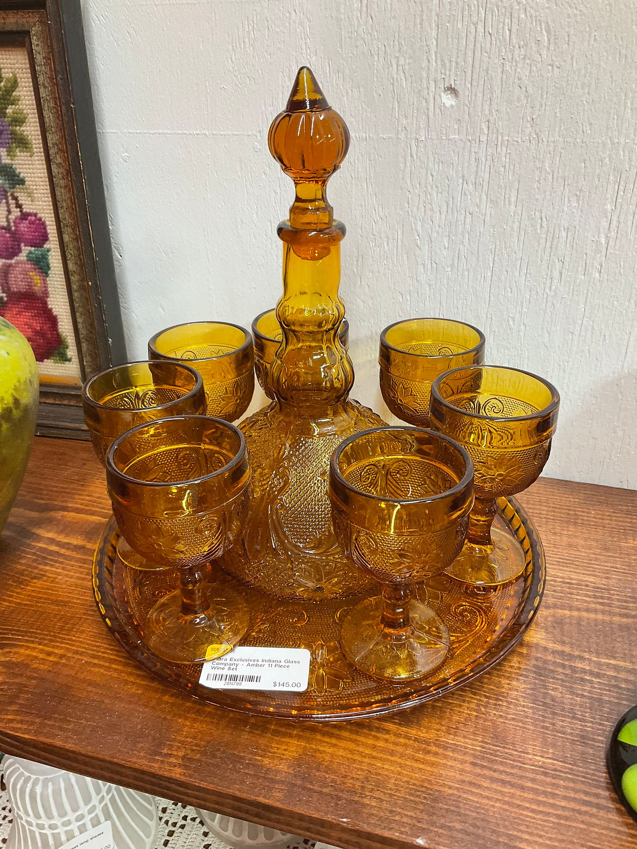 Glass decanter, tray and goblets