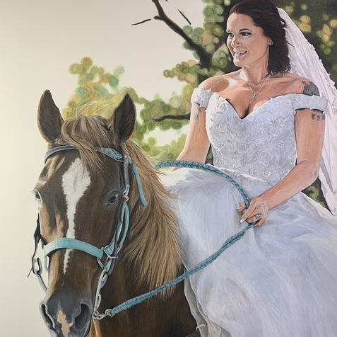 drawing of a woman in a wedding dress on a horse
