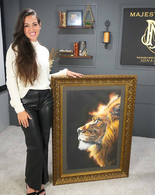 allison standing with lion drawing