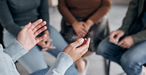 Support with group, therapy and mental health with hands and help, people together talking